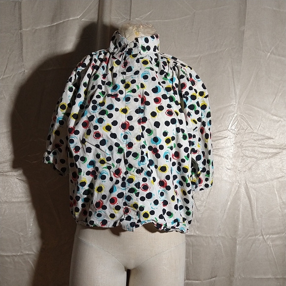 Vintage 60s 70s Ungaro Rainbow and Black Polka Dot Short Sleeve Bubble Blouse.. - Picture 2 of 9